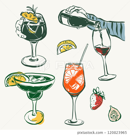 Vector Christmas alcohol set of cocktails. Hand-drawn drink objects and elements: wineglass, bottles and fruits isolated on beige background. Illustration for design, print, fabric or background. 120823965