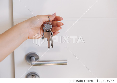 Person holding keys while locking or unlocking a white door, close-up shot Person holding keys while locking or unlocking a white door, close-up shot 120823977