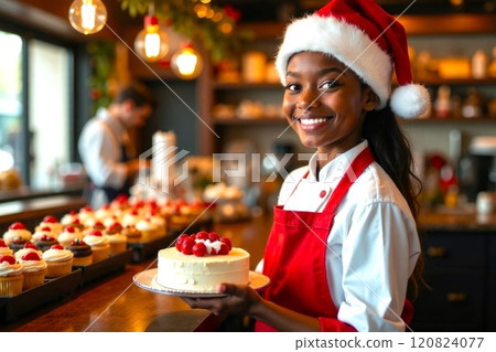 Happy young black woman pastry chef holding plate with cake, in pastry shop. Portrait of happy female pastry chef in apron and santa claus hat smiling and looking at camera. Decorated for Christmas 120824077