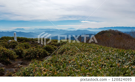 日本長野縣長野市，長野市以外的甲信地區的山脈，秋天，從飯綱山頂上欣賞到的壯麗景色 120824095