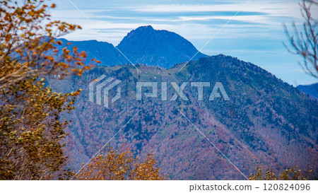 From the summit of Mt. Iizuna in autumn, Mt. Kurohime and Mt. Myoko, Nagano City, Nagano Prefecture, Japan 120824096