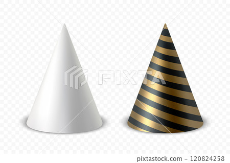 Vector 3d Realistic Black and Black White Birthday Party Hat Icon Set Isolated. Party Cap Design Template for Party Banner, Greeting Card. Holiday Hats, Cone Shape, Front View Vector 3d Realistic Black and Black White Birthday Party Hat Icon Set Isolated. Party Cap Design Template for Party Banner, Greeting Card. Holiday Hats, Cone Shape, Front View 120824258