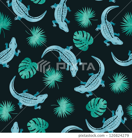 Seamless watercolor crocodile pattern. Vector background with alligators and palm leaves Seamless watercolor crocodile pattern. Vector background with alligators and palm leaves 120824279