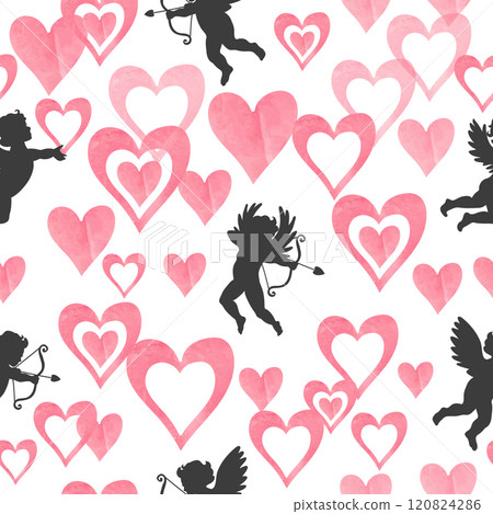 Valentines day seamless romantic pattern with cupids and pink hearts Valentines day seamless romantic pattern with cupids and pink hearts 120824286