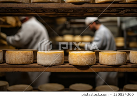 Cheese aging process inside a rustic storage room in a dairy facility 120824300