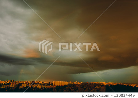 Evening city in storme weather. Thunderous clouds. 120824449