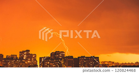 Picturesque view of lightning, hunderstorm over the City. 120824468