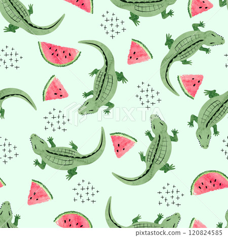 Seamless crocodile pattern with watermelon slices. Vector abstract trendy background 120824585