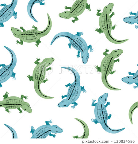 Green and blue watercolor crocodile pattern. Vector seamless background with alligators Green and blue watercolor crocodile pattern. Vector seamless background with alligators 120824586