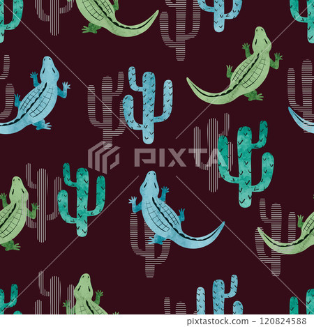Seamless watercolor crocodile pattern. Vector background with alligator and cactus Seamless watercolor crocodile pattern. Vector background with alligator and cactus 120824588
