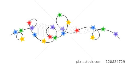 Christmas colorful multicolored lights curly string garland, doodle hand drawn vector illustration, flat cartoon seasonal image for winter New Year holiday, birthday events design 120824729