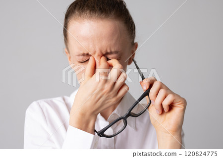 Vision problem. adult woman massaging tired eyes, poor vision concept, ophthalmology 120824775