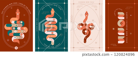 Chinese new year 2025 year of the Snake. Red Snake illustrations, vertical design, cards, banners 120824896