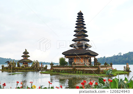 Pagoda at the sacred temple of Pura Ulun on Lake Bratan on the popular touristic island of Bali. 120824943