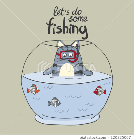 Cute cartoon cat and fish in the aquarium 120825007