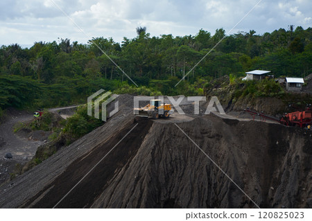 A stone quarry in Indonesia. Large equipment such as bulldozers and dump trucks are working on the site. A stone quarry in Indonesia. Large equipment such as bulldozers and dump trucks are working on the site. 120825023
