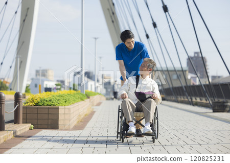 Care staff pushing a wheelchair outdoors 120825231