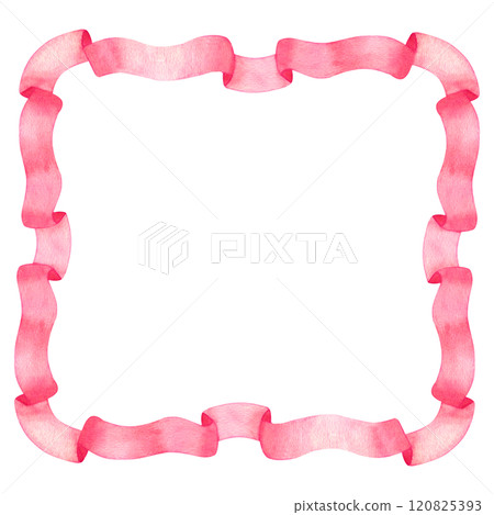 Pink frame of vintage ribbon, square border. For valentine's day, gender reveal party, baby shower, wedding. Hand drawn watercolor illustration on white background. Card empty space inside Pink frame of vintage ribbon, square border. For valentine's day, gender reveal party, baby shower, wedding. Hand drawn watercolor illustration on white background. Card empty space inside 120825393