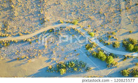 Aerial Desert Pathway and Shrubs Golden Hour View Aerial Desert Pathway and Shrubs Golden Hour View 120825577