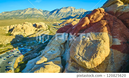 Aerial of Red Rock Canyon Sandstone Formations in Warm Sunlight 120825620