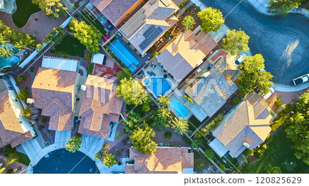 Aerial of Eco-Friendly Suburban Neighborhood at Golden Hour Aerial of Eco-Friendly Suburban Neighborhood at Golden Hour 120825629