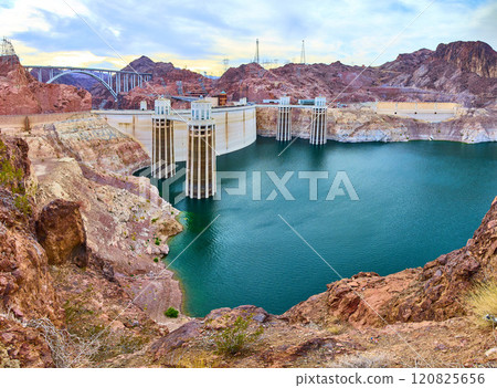 Hoover Dam and Mike OCallaghan Bridge Late Afternoon Panorama 120825656