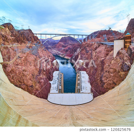 Hoover Dam Wide Panorama and Bridge at Golden Hour 120825676