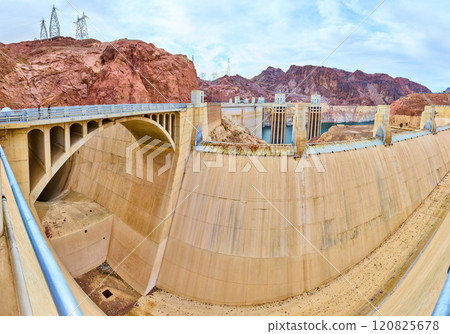 Hoover Dam Panorama with Colorado River and Towers Eye-Level View 120825678