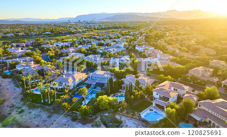 Aerial of Luxury Desert Community at Golden Hour, Las Vegas Aerial of Luxury Desert Community at Golden Hour, Las Vegas 120825691
