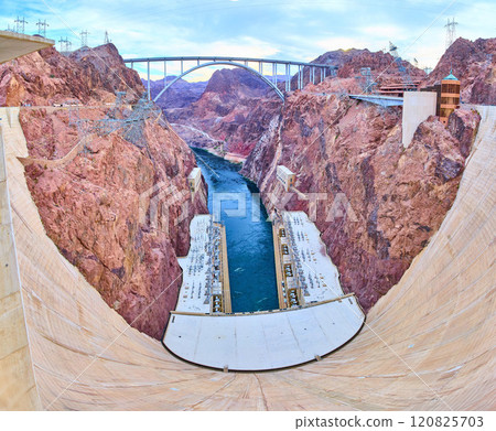 Hoover Dam and Bridge Over Colorado River Aerial Panorama 120825703