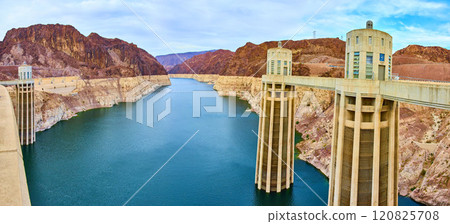 Hoover Dam and Lake Mead Amidst Red Cliffs Eye-Level View Hoover Dam and Lake Mead Amidst Red Cliffs Eye-Level View 120825708