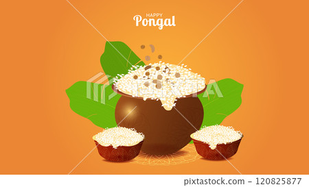 Happy Pongal harvest festival in India celebrate background. Sweet Rice dish. Template for celebration postcard discount banner flyer. Vector illustration. 120825877