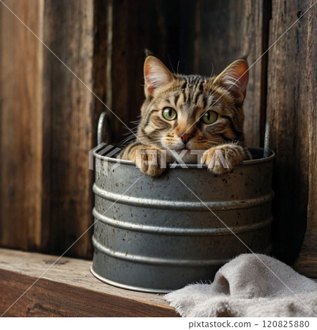 一隻虎斑貓從桶子裡偷看 一隻虎斑貓從桶子裡偷看 120825880