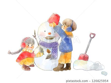 一個孩子堆雪人的插圖,手繪,水彩風格 一個孩子堆雪人的插圖,手繪,水彩風格 120825954