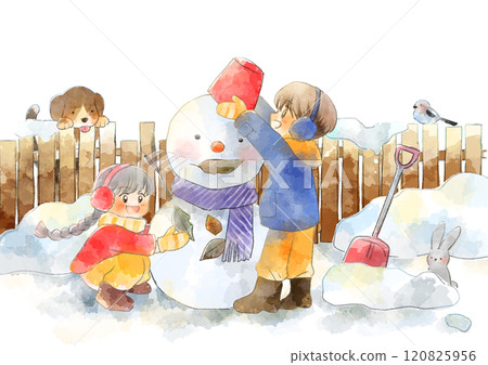 Illustration of children making a snowman, hand-drawn, watercolor style Illustration of children making a snowman, hand-drawn, watercolor style 120825956