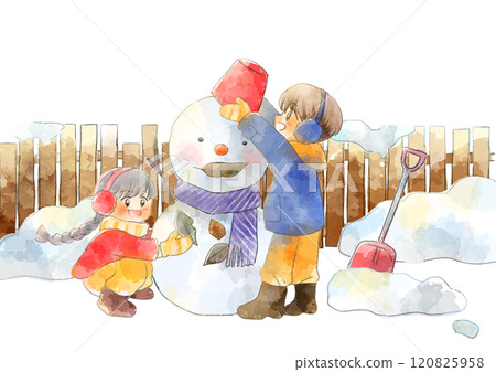 一個孩子堆雪人的插圖，手繪，水彩風格 120825958