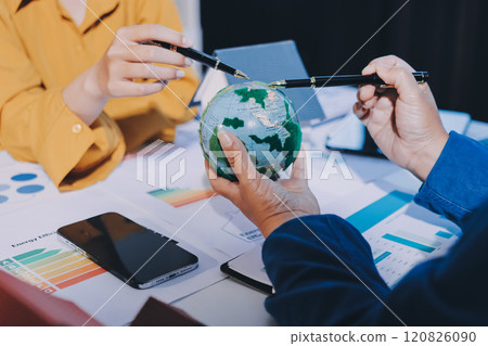 ESG environmental social governance display on laptop on eco-friendly company meeting with business people implementing environmental protection for clean and sustainable future ecology. Trailblazing 120826090