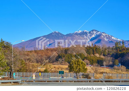 View of the north Yatsugatake mountain range from Yatsugatake PA (downbound) in Hokuto City, Yamanashi Prefecture in winter 120826228