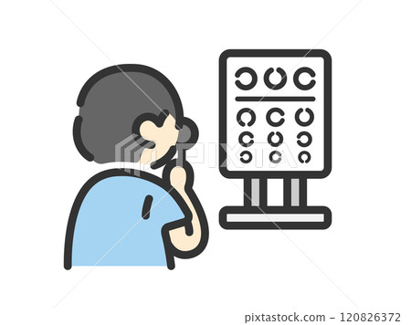 Illustration of a man taking a vision test (line drawing color) 120826372