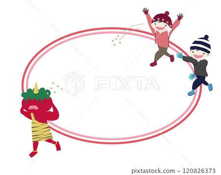 Frame of children throwing beans at demons on Setsubun day 120826373