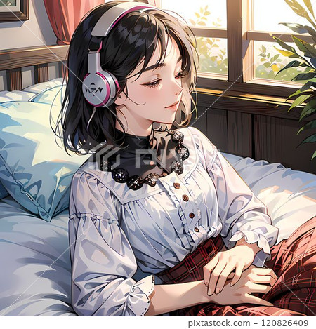 A woman listening to music with headphones 120826409