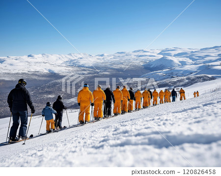 Skiers in bright yellow Skiers in bright yellow 120826458