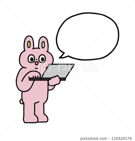 A funny rabbit operating a computer with a speech bubble A funny rabbit operating a computer with a speech bubble 120826576