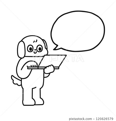 A funny dog operating a computer and a speech bubble - line drawing 120826579