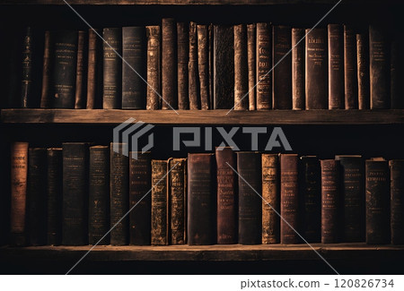 A dark bookshelf lined with old books 120826734