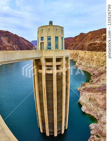 Hoover Dam and Lake Mead with Tower and Cliffs 120826799