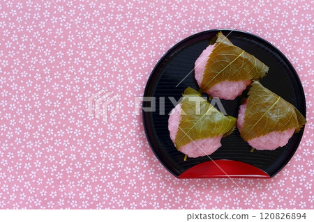 Kansai-style Sakuramochi with a cherry blossom pattern background Kansai-style Sakuramochi with a cherry blossom pattern background 120826894