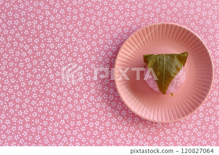 Kansai-style Sakuramochi with a cherry blossom pattern background 120827064