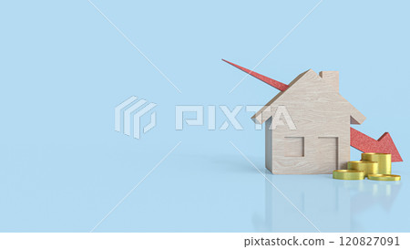 The Wood house and red arrow down for property or building concept 3d rendering. 120827091