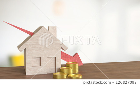 The Wood house and red arrow down for property or building concept 3d rendering. 120827092